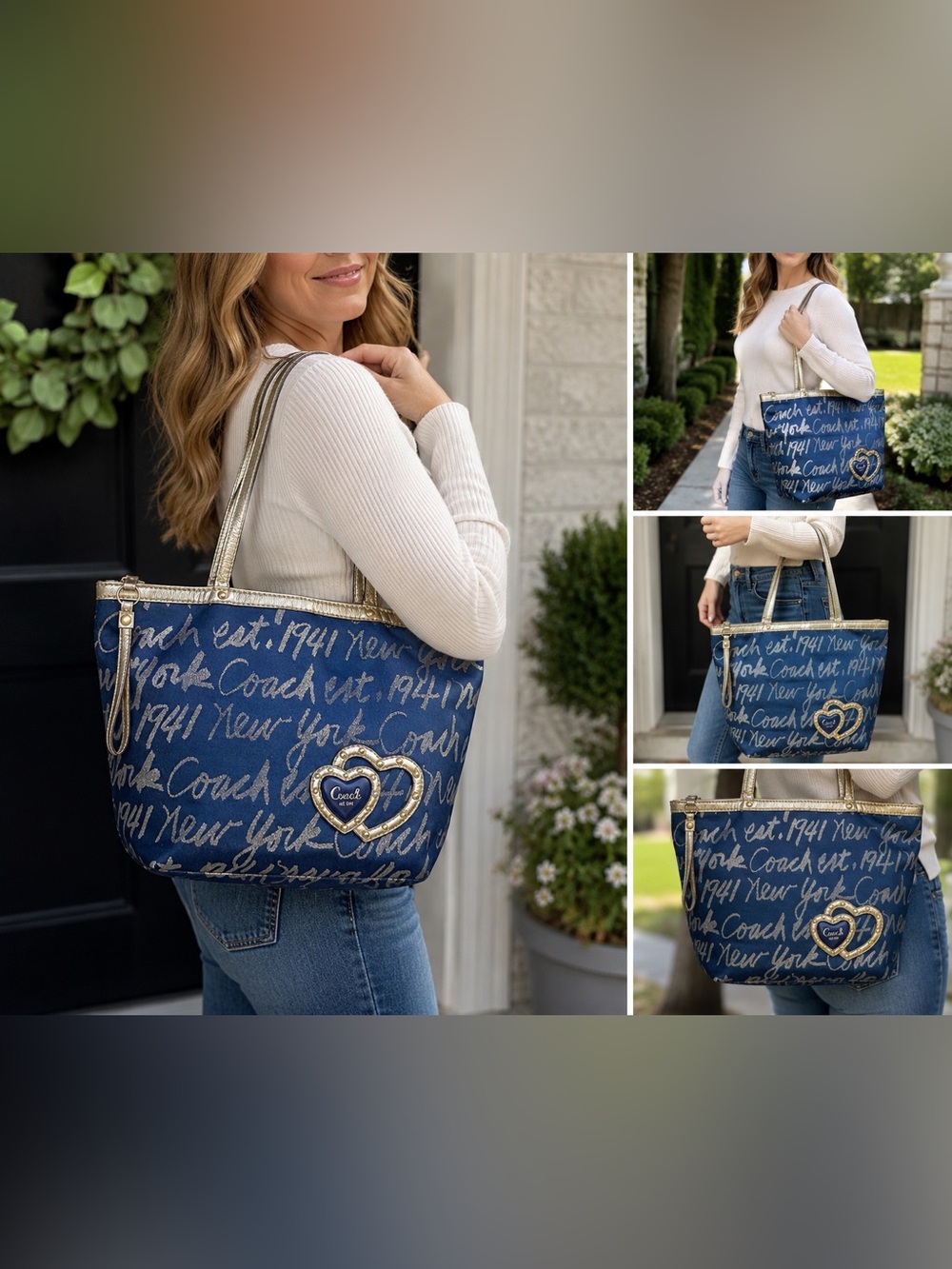 Coach Blue Graffiti Script Tote Bag Gold Trim Heart Charm Zip Top Purse